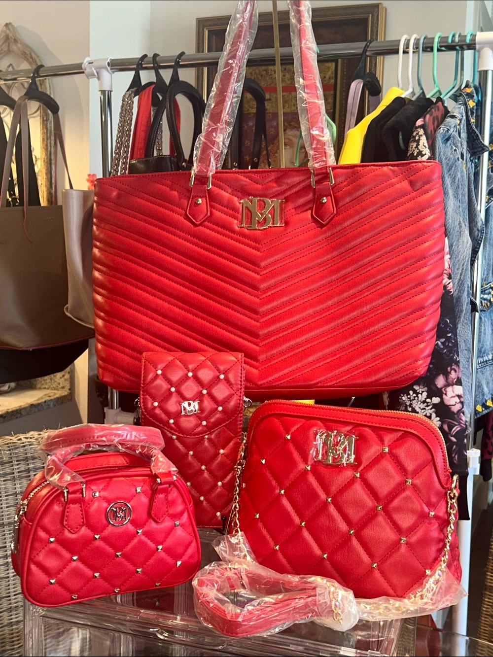 Badgley Mischka Red Quilted 4-Piece Set Tote/Satchel/Crossbody/Phone Case NWT